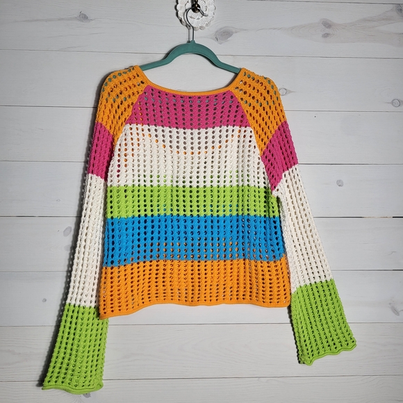 Cotton Sweater Open Weave Knit Sweater Colorful Stripe Top Beachy BOHO - Picture 5 of 6